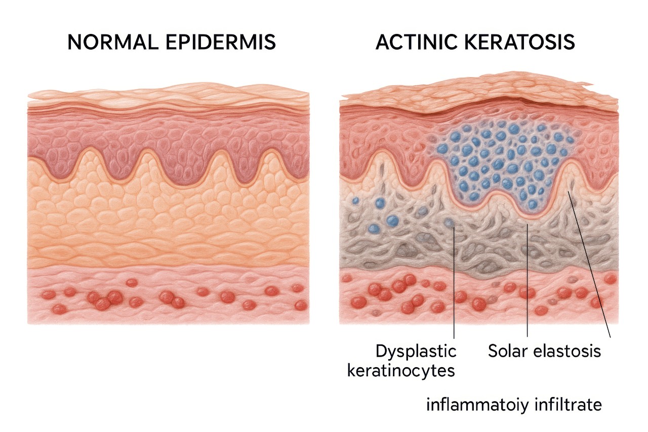 Diagram depicting a normal epidermis and an epidermis with actinic keratosis.